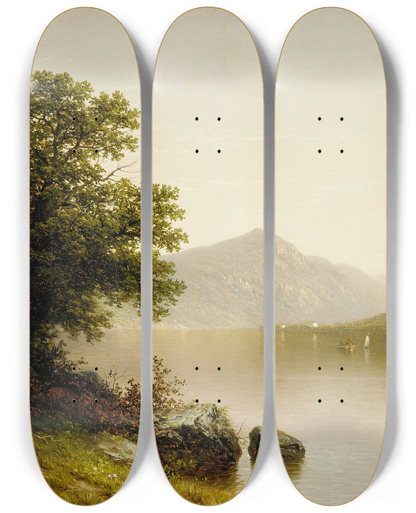 Triptych art skateboard deck of John William Casilear Lake George by John William Casilear (1811-1893)