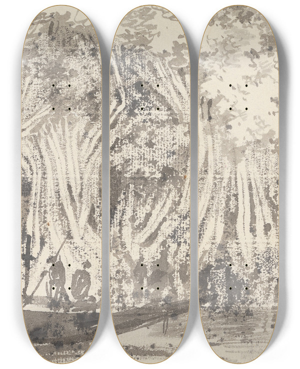 Triptych art skateboard deck of George Chinnery A Pipul Tree by George Chinnery (1774-1852)