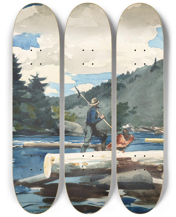 Triptych art skateboard deck of Winslow Homer Hudson River Logging by Winslow Homer (1836-1910)