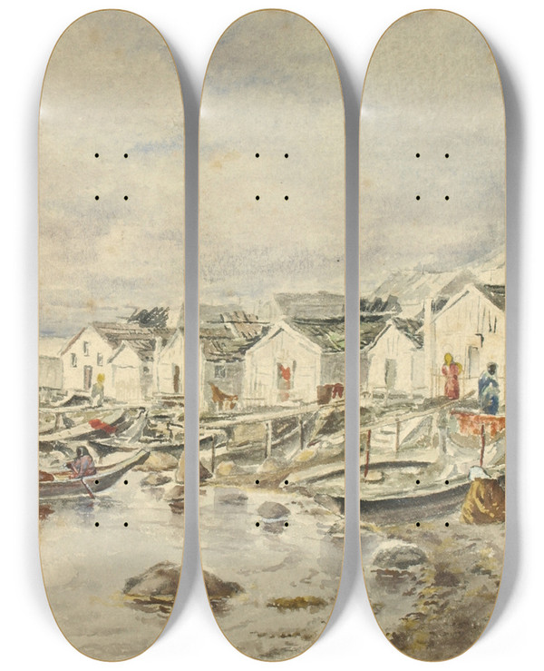 Triptych art skateboard deck of Theodore J Richardson The Ranch Native Village Sitka 1884 by Theodore J Richardson (1855-1914)
