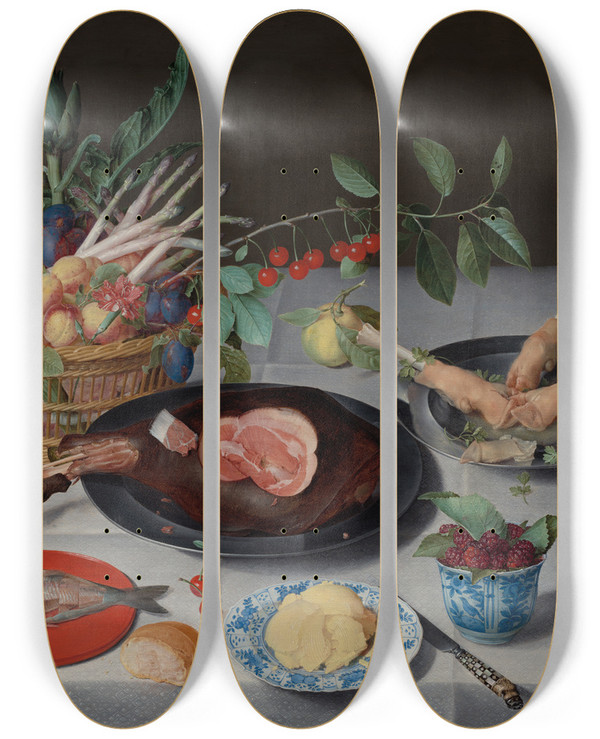 Triptych art skateboard deck of Jacob Van Hulsdonck Still Life With Meat Fish Vegetables And Fruit_2 by Jacob Van Hulsdonck (1582-1647)