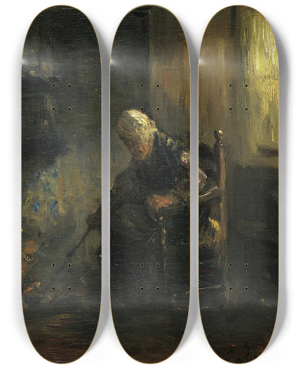 Triptych art skateboard deck of Jozef Israls At The Hearth by Jozef Israels (1824-1911)