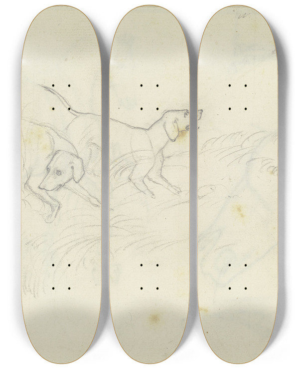 Triptych art skateboard deck of August Lucas Two Dogs by August Lucas (1803-1863)