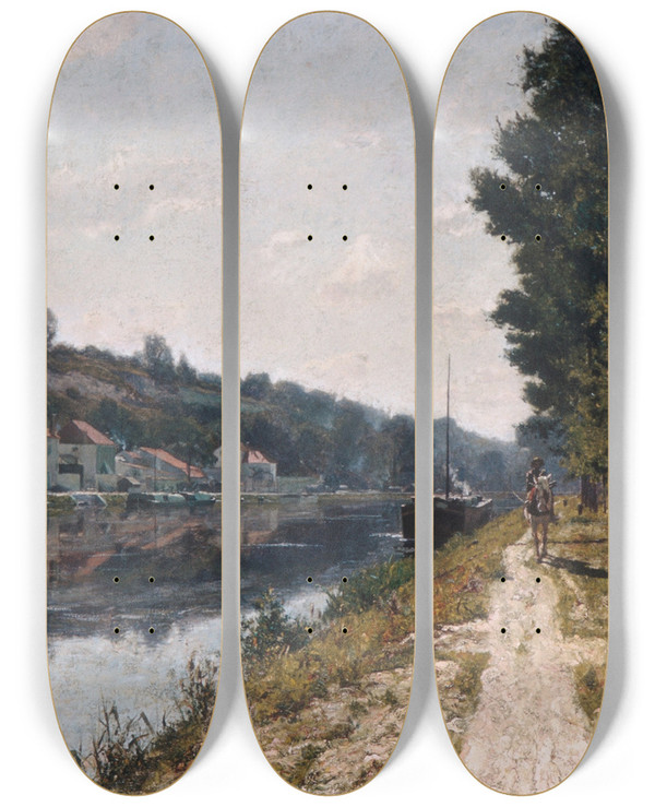 Triptych art skateboard deck of William Lamb Picknell Banks Of The Loing by William Lamb Picknell (1853-1897)