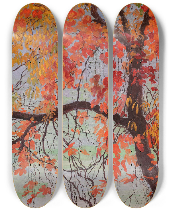 Triptych art skateboard deck of Edward Oku Autumn Leaves by Edward Okun (1872-1945)