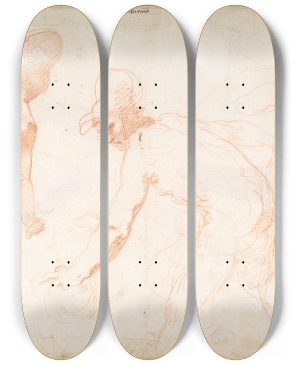 Triptych art skateboard deck of Taddeo Zuccaro Three Studies Of Soldiers by Taddeo Zuccaro (1529-1566)