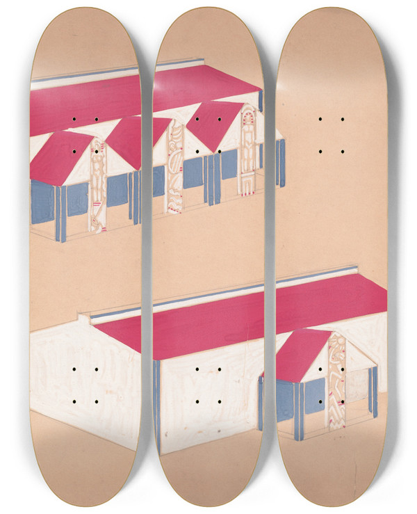 Triptych art skateboard deck of Winold Reiss Designs For Roadhouse Or Terrace Restaurant by Winold Reiss (1886-1953)