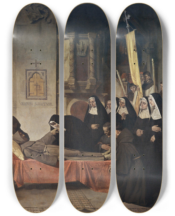 Triptych art skateboard deck of Benet Mercad Traslazione Del Corpo Di St Francesco by Benet Mercade (1821-1897)