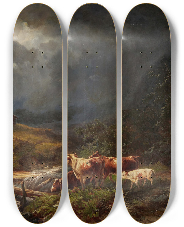 Triptych art skateboard deck of Otto Sommer Cows In A Mountainous Landscape_1 by Otto Sommer (1811-1911)