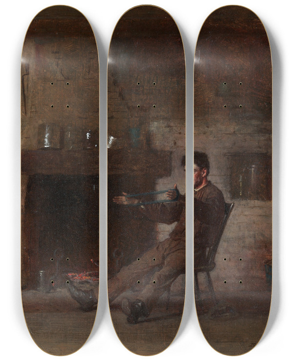 Triptych art skateboard deck of Eastman Johnson Winding Yarn Interior Of A Nantucket Kitchen by Eastman Johnson (1824-1906)