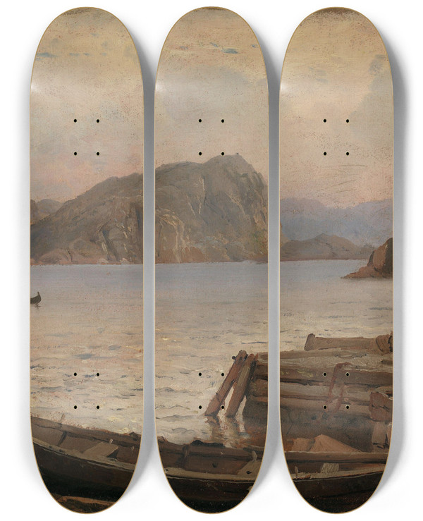Triptych art skateboard deck of Carl Frederik Srensen River Landscape by Carl Frederik Sorensen (1818-1879)