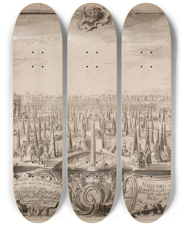 Triptych art skateboard deck of Bartholomus Roque Rosenborg by Bartholomaeus Roque