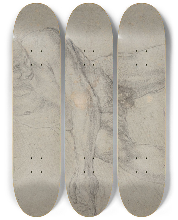 Triptych art skateboard deck of Daniel Seiter Study Of A Kneeling Nude Male Figure by Daniel Seiter (1647-1705)