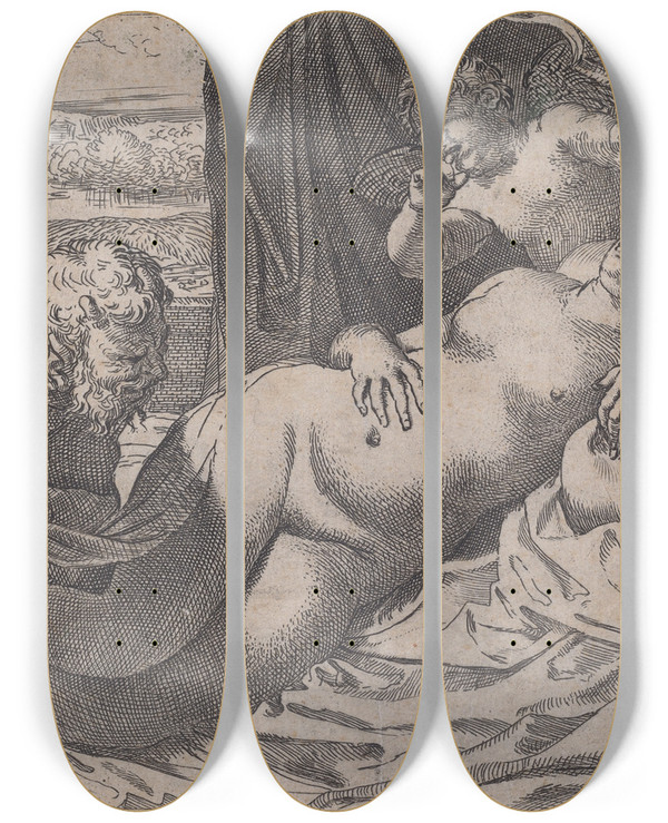 Triptych art skateboard deck of Annibale Carracci Venus And A Satyr by Annibale Carracci (1560-1609)