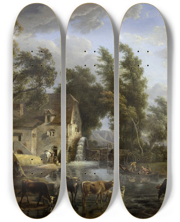 Triptych art skateboard deck of Jeanlouis Demarne Le Moulin by Jean Louis Demarne (1744-1829)