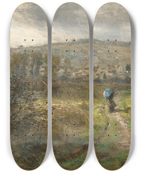 Triptych art skateboard deck of Lon Augustin Lhermitte The Approaching Storm by Lon Augustin Lhermitte (1844-1925)