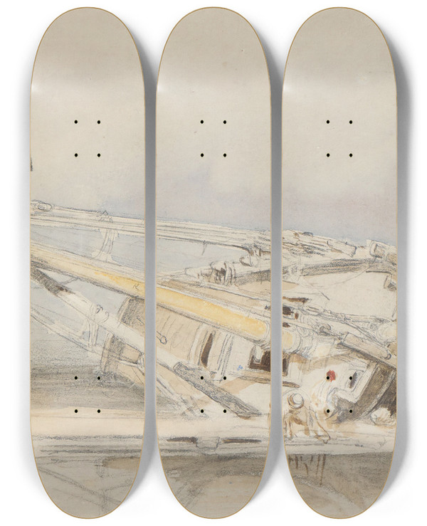 Triptych art skateboard deck of Clarkson Stanfield Boat Careened by Clarkson Stanfield (1793-1867)