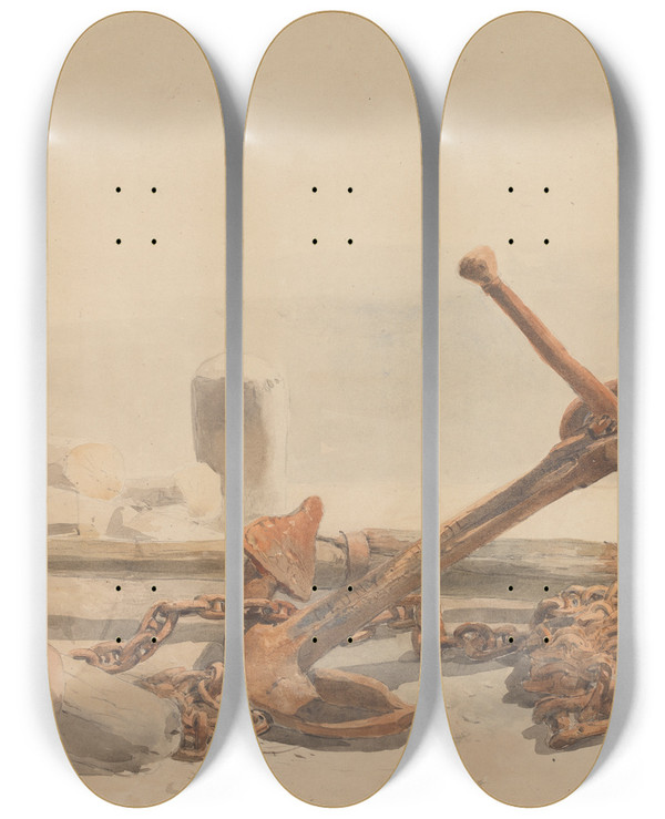 Triptych art skateboard deck of Edward Alfred Goodall Spar And Anchor by Edward Alfred Goodall