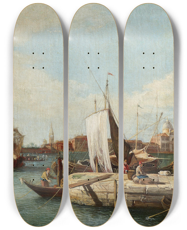Triptych art skateboard deck of Giovanni Battista Cimaroli Punta Della Dogana Venice by Giovanni Battista Cimaroli (1687-1771)