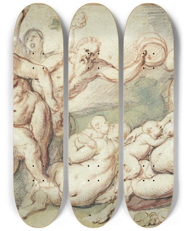Triptych art skateboard deck of Jacob Jordaens Bachanalia_1 by Jacob Jordaens (1593-1678)