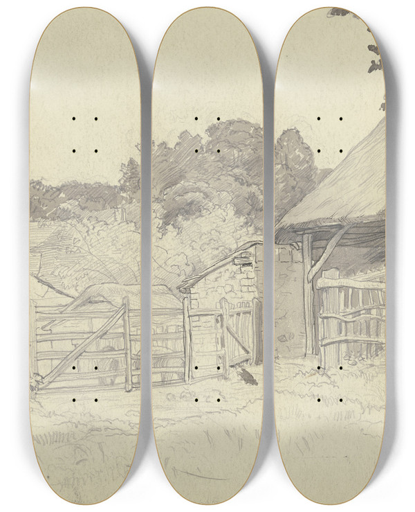 Triptych art skateboard deck of Otto Scholderer Bauerngehft Mit Baumgruppe by Otto Scholderer (1834-1902)