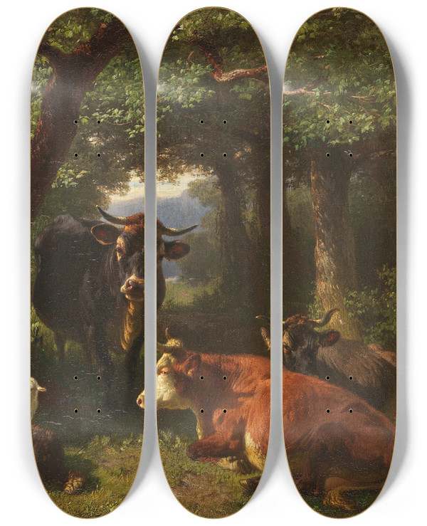 Triptych art skateboard deck of Friedrich Voltz Hirtenkinder Im Wald Mit Khen Und Schafen by Friedrich Voltz (1817-1886)