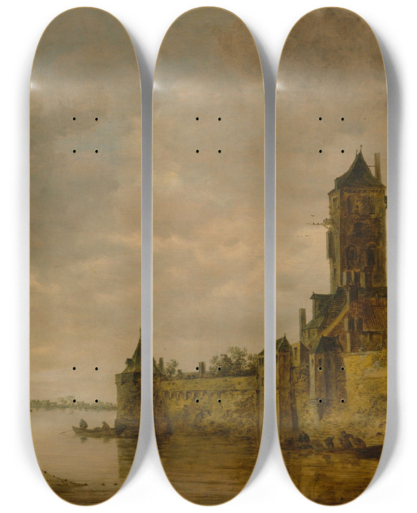 Triptych art skateboard deck of Jan Van Goyen Castle By A River by Jan Van Goyen (1596-1656)