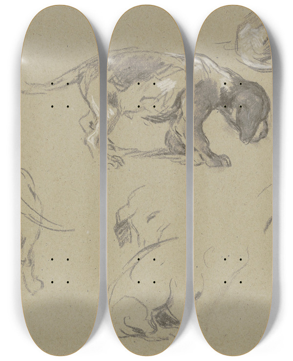 Triptych art skateboard deck of Anton Burger Studienblatt Sieben Junge Dackel by Anton Burger (1824-1905)