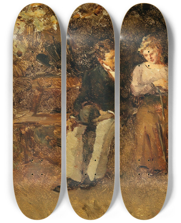 Triptych art skateboard deck of Fritz Rojka Lovers On A Park Bench by Fritz Rojka (1878-1939)