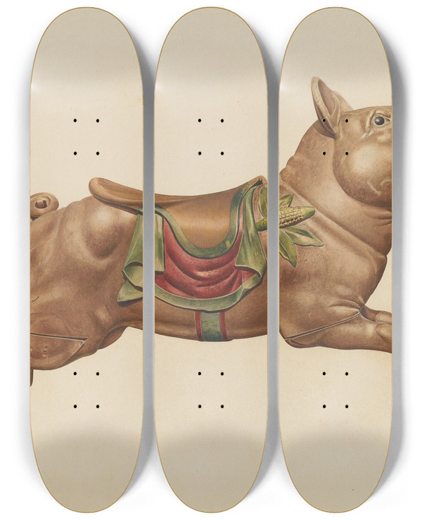 Triptych art skateboard deck of Henry Tomaszewski Carousel Pig by Henry Tomaszewski