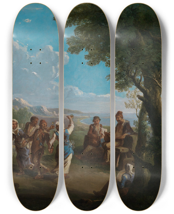 Triptych art skateboard deck of Paolo Monaldi Bauerntanz Vor Einer Italienischen Kste by Paolo Monaldi (1710-1779)