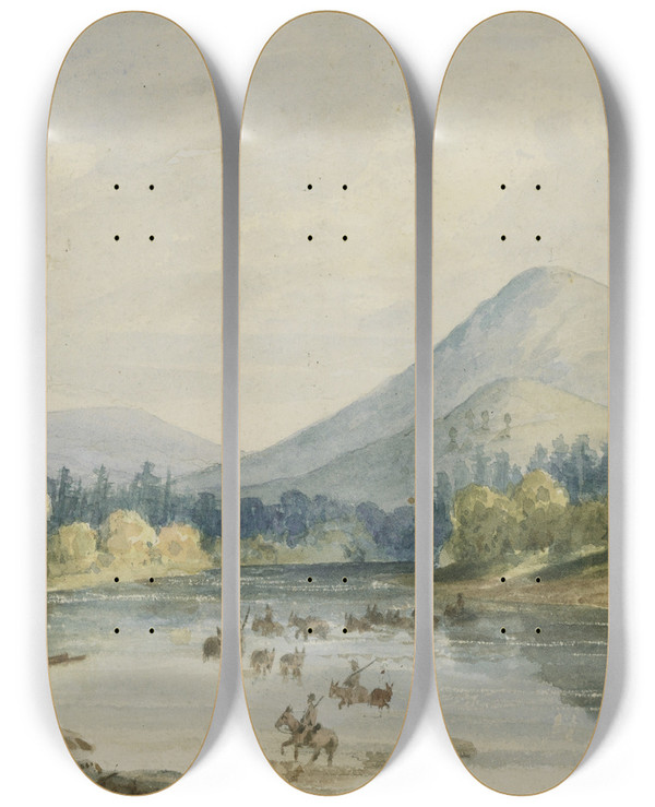 Triptych art skateboard deck of John Mix Stanley Crossing The Bitterroot by John Mix Stanley (1814-1872)