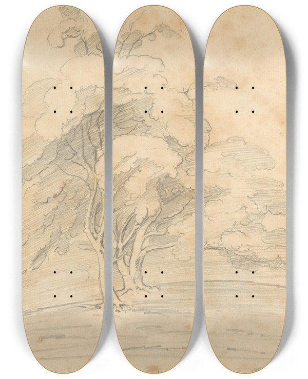 Triptych art skateboard deck of William Brockedon Study From Trees Near Folly by William Brockedon (1787-1854)