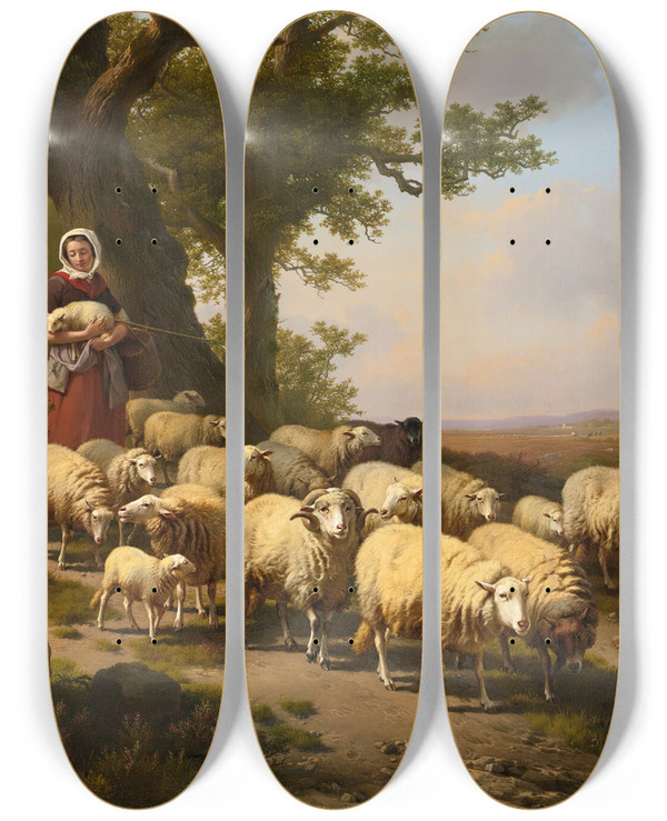 Triptych art skateboard deck of Eugne Joseph Verboeckhoven Ashepherdess With Her Flock by Eugene Joseph Verboeckhoven (1798-1881)
