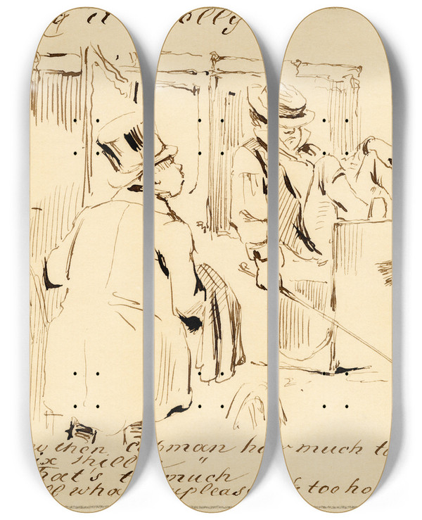 Triptych art skateboard deck of Pieter Van Loon Karik Koetsier En Passagier by Pieter Van Loon (1801-1873)