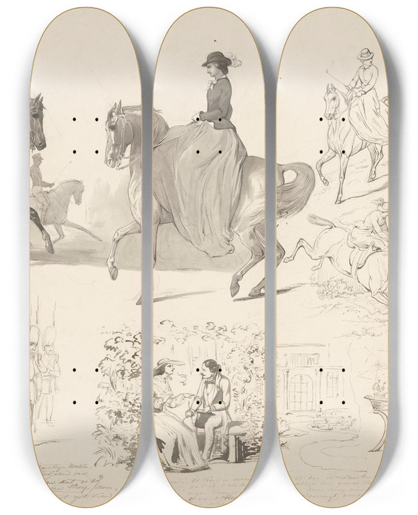 Triptych art skateboard deck of August Alleb Schetsblad Met Diverse Studies Onder Andere Van Paardensport by August Allebe (1838-1927)