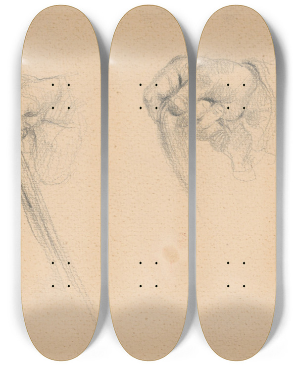 Triptych art skateboard deck of Gustv Mall Hand With A Stick by Gustav Mally (1879-1952)