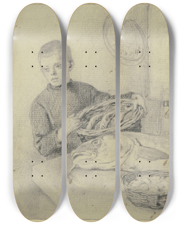 Triptych art skateboard deck of Otto Scholderer At The Fishmonger by Otto Scholderer (1834-1902)