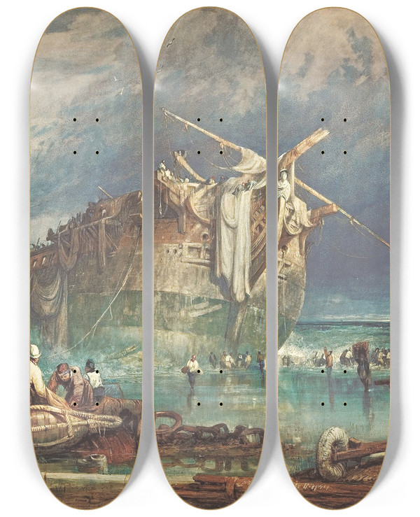 Triptych art skateboard deck of Samuel Prout Salving From The Wreck by Samuel Prout (1783-1852)