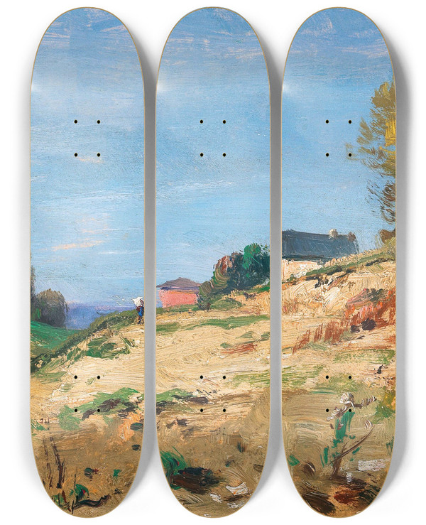 Triptych art skateboard deck of Ludwig Willroider A Summer Day by Ludwig Willroider (1845-1910)