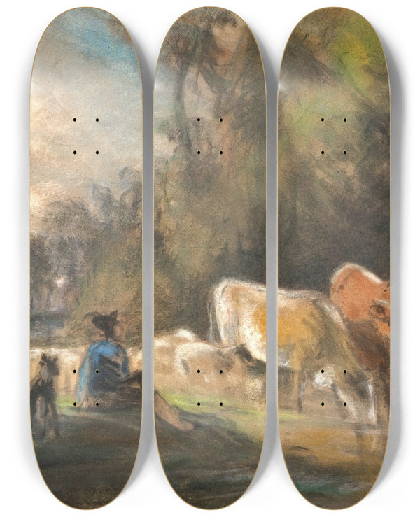 Triptych art skateboard deck of Friedrich Voltz An Der Trnke by Friedrich Voltz (1817-1886)