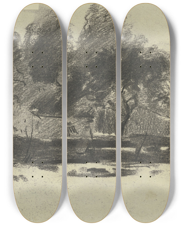 Triptych art skateboard deck of Sion Longley Wenban House Underneath Trees by Sion Longley Wenban