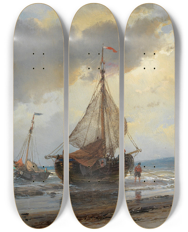 Triptych art skateboard deck of Andreas Schelfhout Am Strand by Andreas Schelfhout (1787-1870)