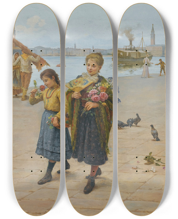 Triptych art skateboard deck of Antonio Ermolao Paoletti Flowers For Mama by Antonio Ermolao Paoletti (1834-1912)