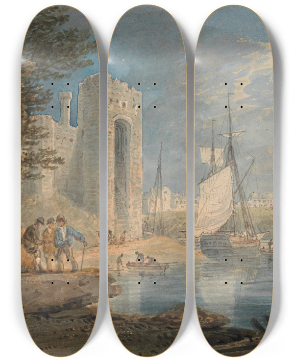 Triptych art skateboard deck of William Payne View At Caernarvon Wales by William Payne (1760-1830)