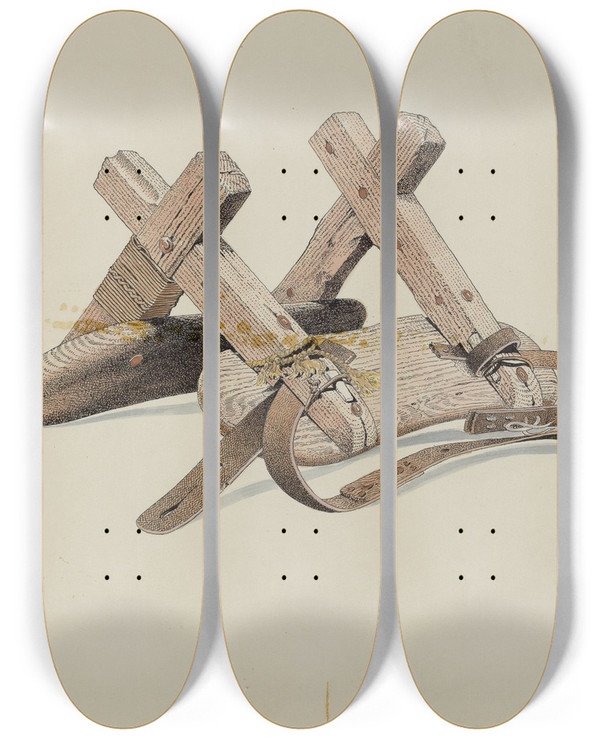 Triptych art skateboard deck of Frank C Barks Pack Saddle by Frank C Barks