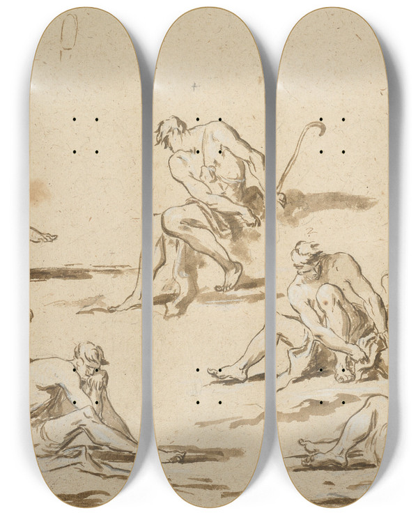 Triptych art skateboard deck of Alessandro Magnasco Study Sheet With Seated Figures by Alessandro Magnasco (1667-1749)