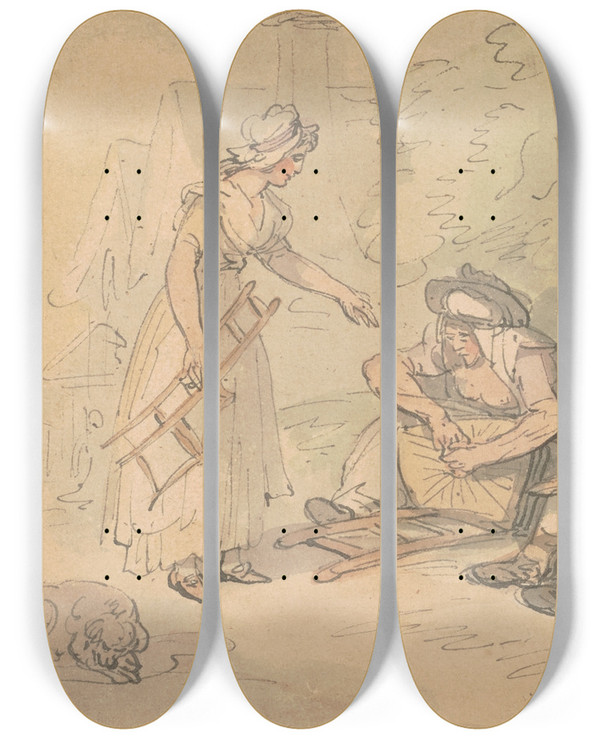 Triptych art skateboard deck of Thomas Rowlandson Chair Mending by Thomas Rowlandson (1756-1827)