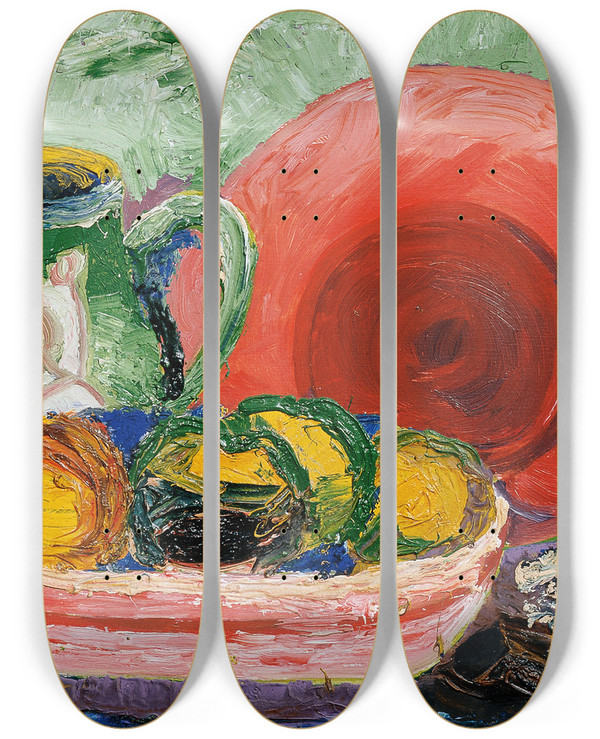 Triptych art skateboard deck of Hedwig Wagner Stillleben Mit Rotem Teller Krug Und Zitrone by Hedwig Wagner (1923)