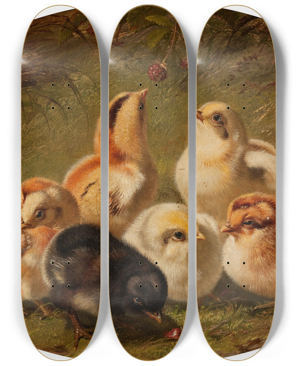 Triptych art skateboard deck of Arthur Fitzwilliam Tait A Brood Of Chicks by Arthur Fitzwilliam Tait (1819-1905)